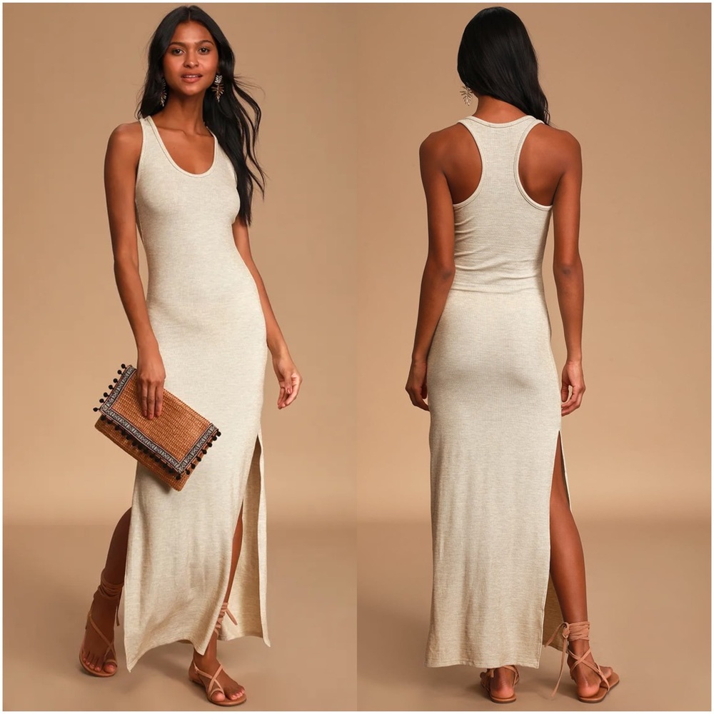Lulus Relaxed but Not Least Beige Ribbed Sleeveless Maxi Dress